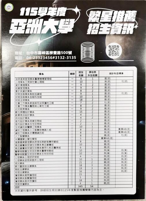 亞洲大學115學年繁星推薦招生資訊(另開新視窗/jpg檔)圖片